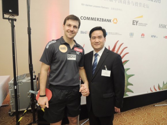 Photo of Mr. Frank Cao, Secretary-General of GASME and Mr. Timo Boll, the well-known German professional table tennis player